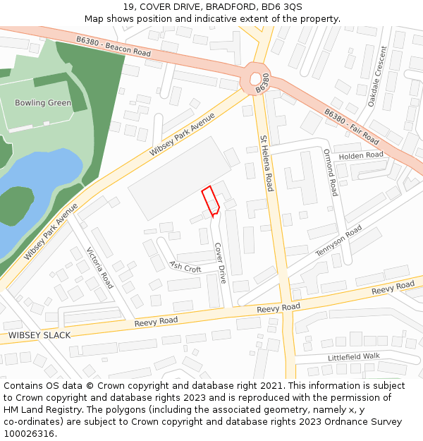 19, COVER DRIVE, BRADFORD, BD6 3QS: Location map and indicative extent of plot