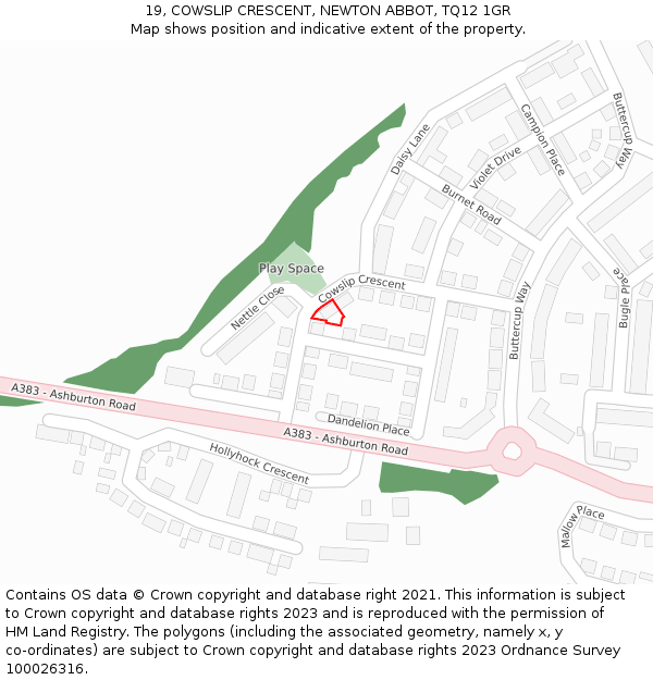 19, COWSLIP CRESCENT, NEWTON ABBOT, TQ12 1GR: Location map and indicative extent of plot