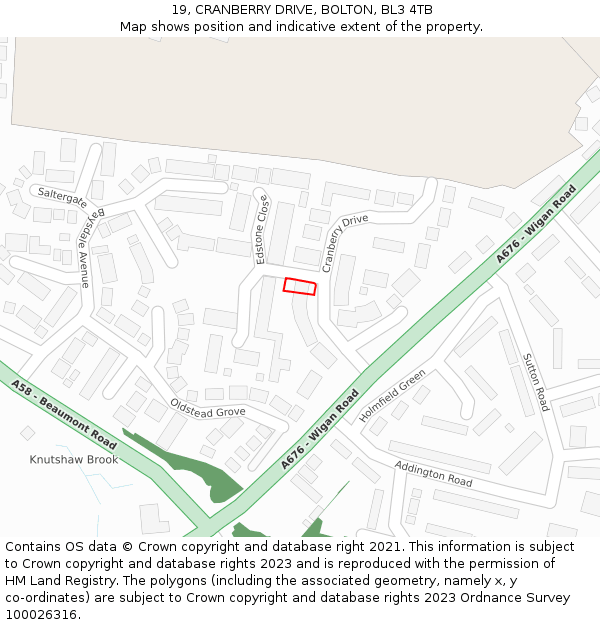 19, CRANBERRY DRIVE, BOLTON, BL3 4TB: Location map and indicative extent of plot
