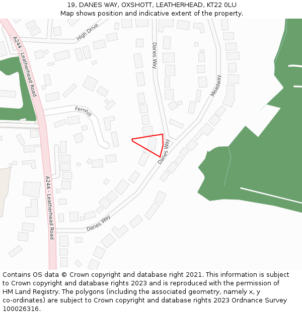 19, DANES WAY, OXSHOTT, LEATHERHEAD, KT22 0LU: Location map and indicative extent of plot