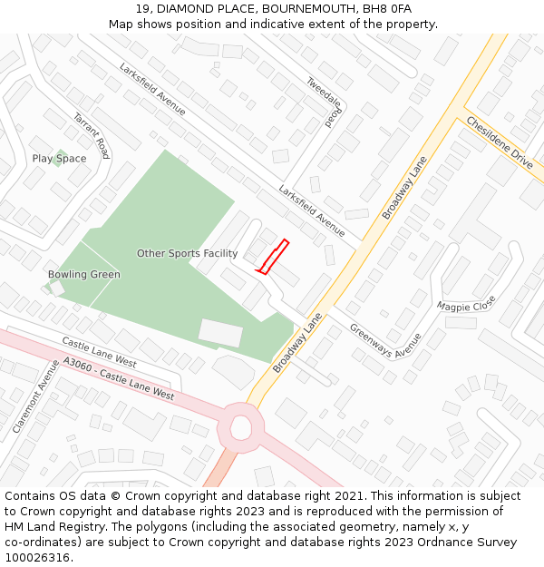 19, DIAMOND PLACE, BOURNEMOUTH, BH8 0FA: Location map and indicative extent of plot