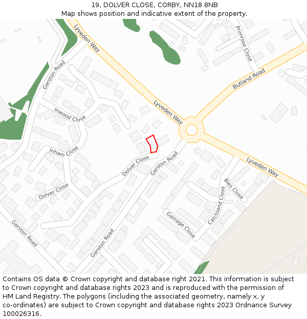 19, DOLVER CLOSE, CORBY, NN18 8NB: Location map and indicative extent of plot