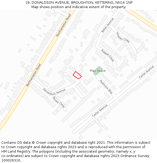 19, DONALDSON AVENUE, BROUGHTON, KETTERING, NN14 1NP: Location map and indicative extent of plot