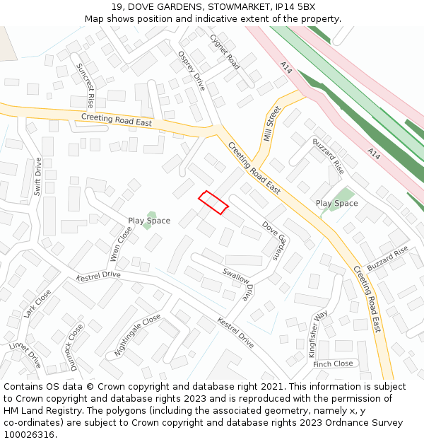 19, DOVE GARDENS, STOWMARKET, IP14 5BX: Location map and indicative extent of plot