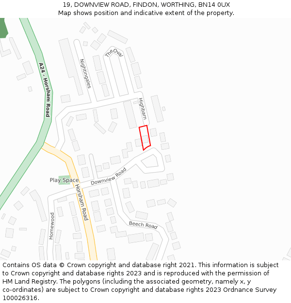 19, DOWNVIEW ROAD, FINDON, WORTHING, BN14 0UX: Location map and indicative extent of plot