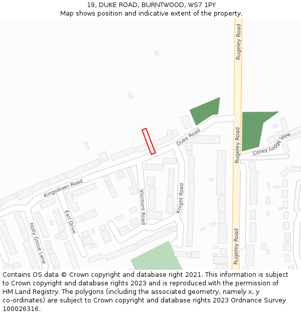 19, DUKE ROAD, BURNTWOOD, WS7 1PY: Location map and indicative extent of plot