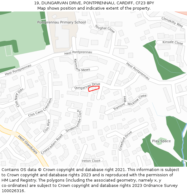 19, DUNGARVAN DRIVE, PONTPRENNAU, CARDIFF, CF23 8PY: Location map and indicative extent of plot