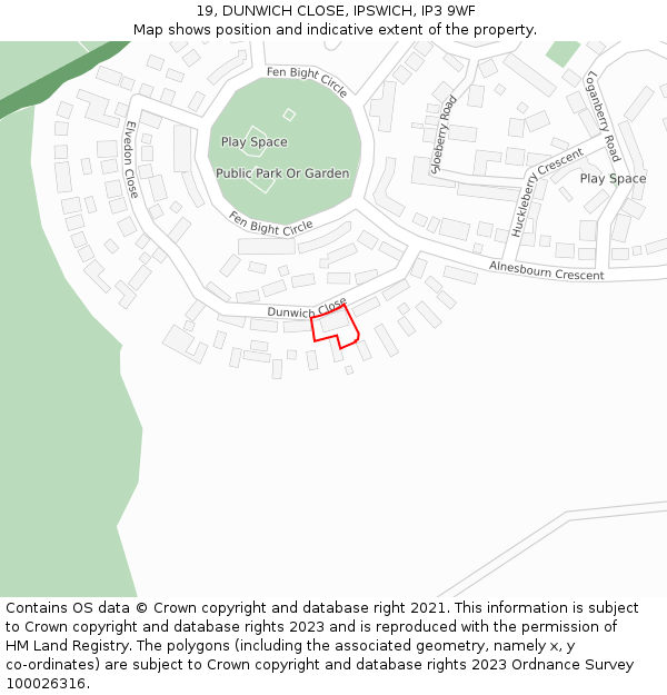 19, DUNWICH CLOSE, IPSWICH, IP3 9WF: Location map and indicative extent of plot