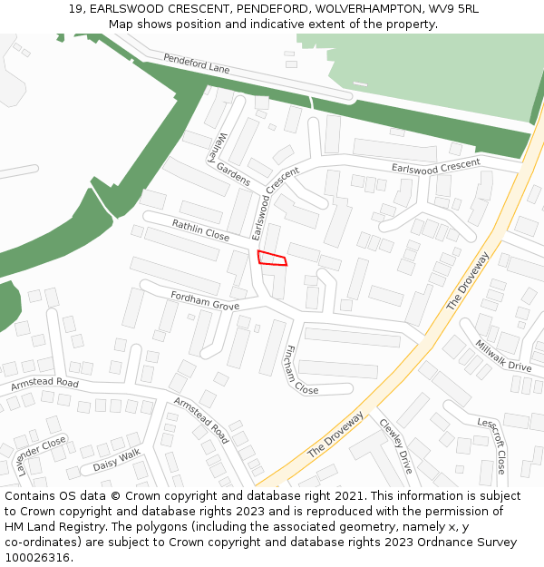 19, EARLSWOOD CRESCENT, PENDEFORD, WOLVERHAMPTON, WV9 5RL: Location map and indicative extent of plot