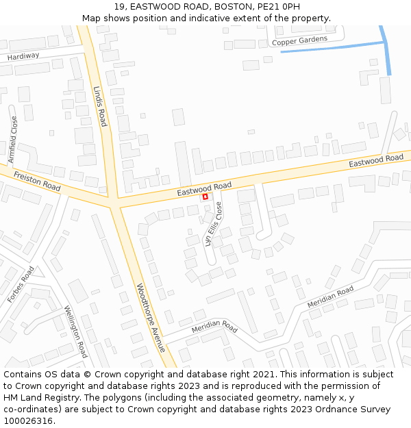 19, EASTWOOD ROAD, BOSTON, PE21 0PH: Location map and indicative extent of plot
