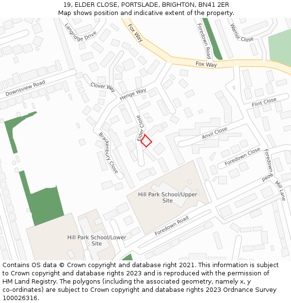 19, ELDER CLOSE, PORTSLADE, BRIGHTON, BN41 2ER: Location map and indicative extent of plot