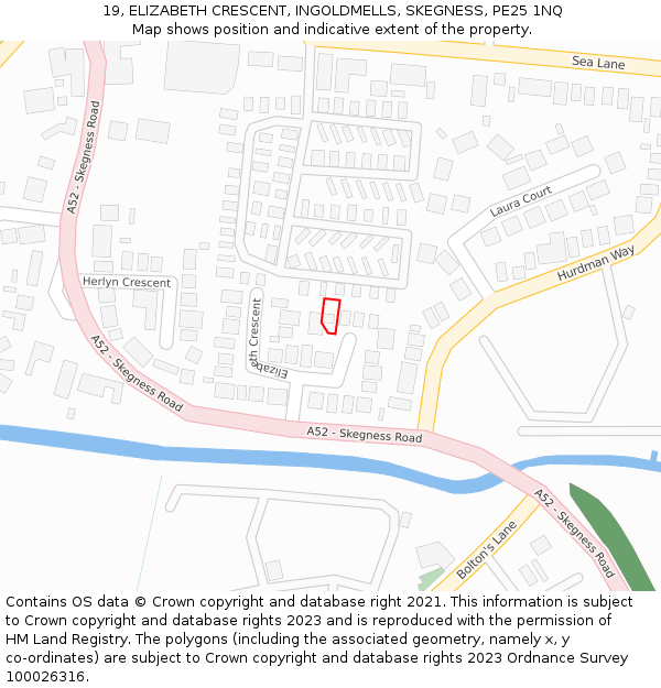 19, ELIZABETH CRESCENT, INGOLDMELLS, SKEGNESS, PE25 1NQ: Location map and indicative extent of plot