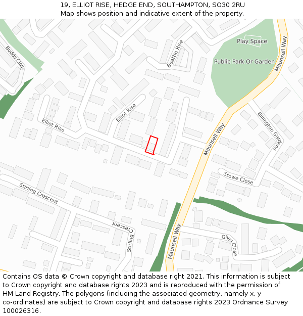 19, ELLIOT RISE, HEDGE END, SOUTHAMPTON, SO30 2RU: Location map and indicative extent of plot
