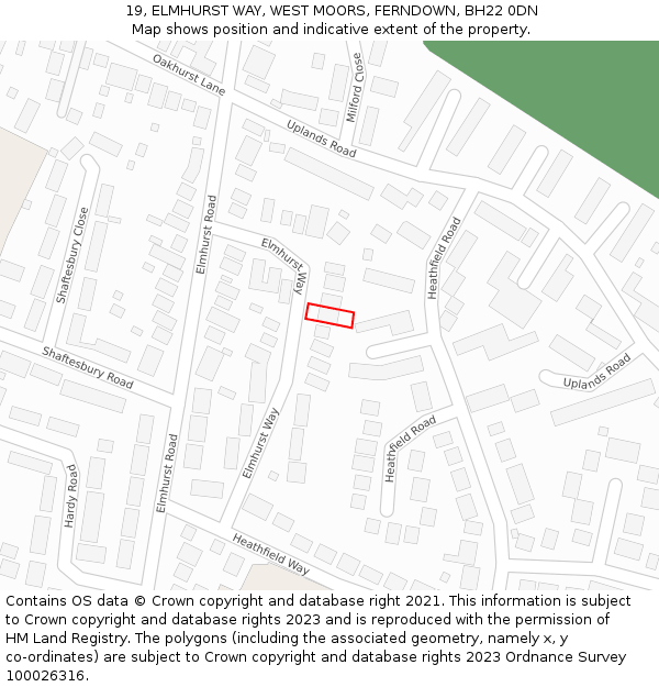 19, ELMHURST WAY, WEST MOORS, FERNDOWN, BH22 0DN: Location map and indicative extent of plot