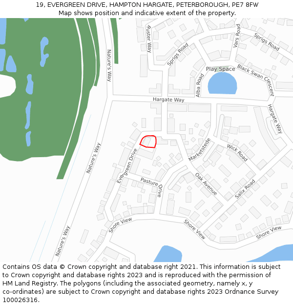 19, EVERGREEN DRIVE, HAMPTON HARGATE, PETERBOROUGH, PE7 8FW: Location map and indicative extent of plot