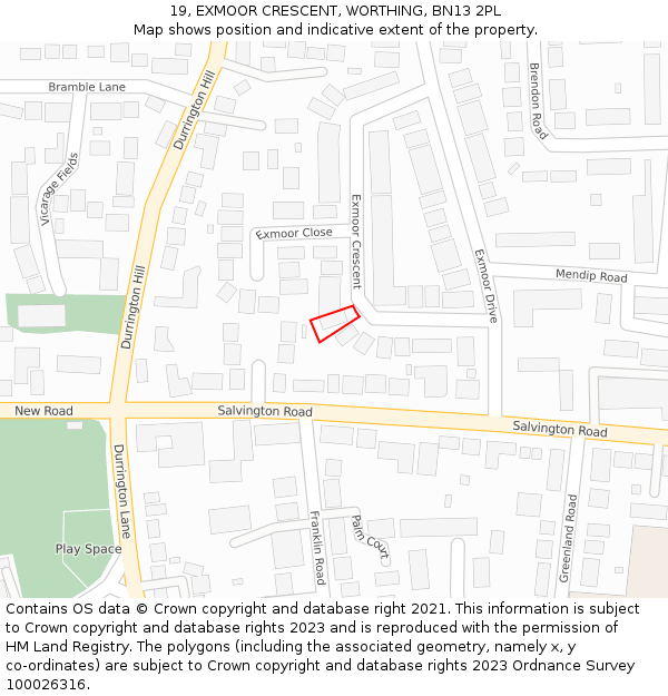 19, EXMOOR CRESCENT, WORTHING, BN13 2PL: Location map and indicative extent of plot