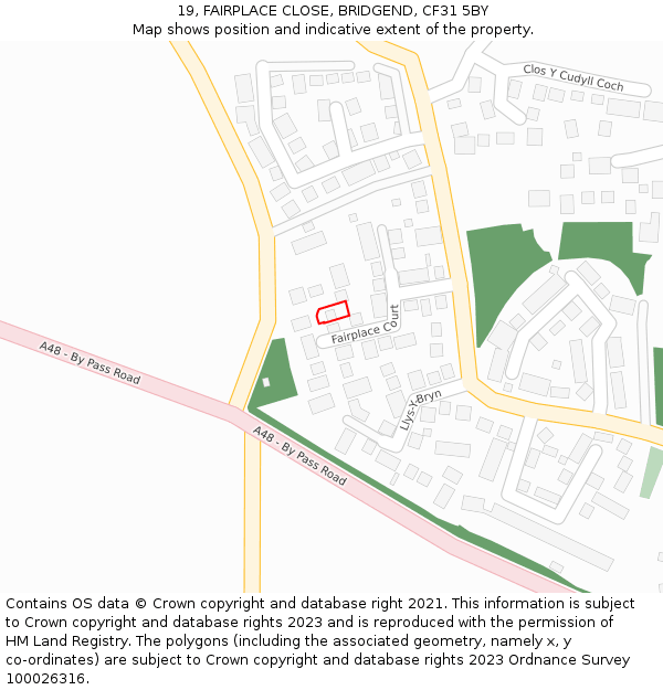 19, FAIRPLACE CLOSE, BRIDGEND, CF31 5BY: Location map and indicative extent of plot