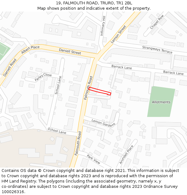 19, FALMOUTH ROAD, TRURO, TR1 2BL: Location map and indicative extent of plot