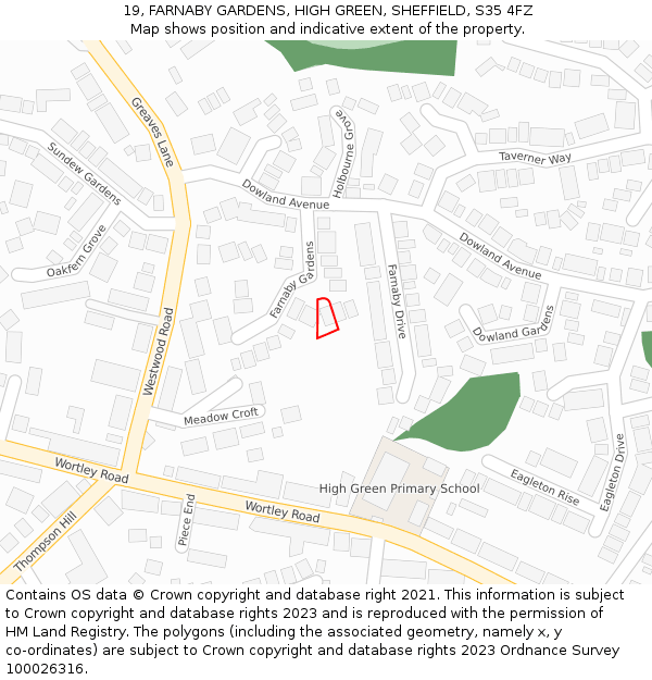 19, FARNABY GARDENS, HIGH GREEN, SHEFFIELD, S35 4FZ: Location map and indicative extent of plot