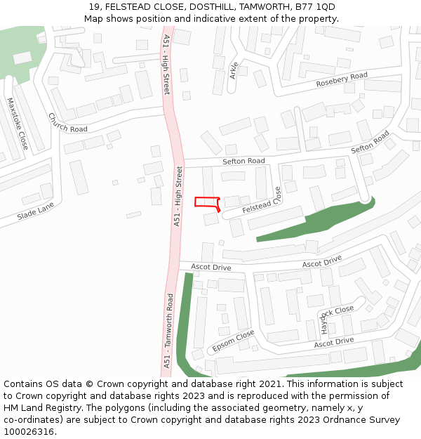 19, FELSTEAD CLOSE, DOSTHILL, TAMWORTH, B77 1QD: Location map and indicative extent of plot