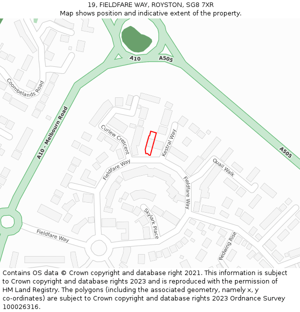 19, FIELDFARE WAY, ROYSTON, SG8 7XR: Location map and indicative extent of plot