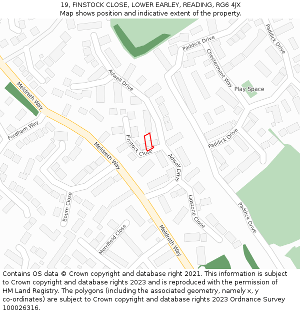 19, FINSTOCK CLOSE, LOWER EARLEY, READING, RG6 4JX: Location map and indicative extent of plot