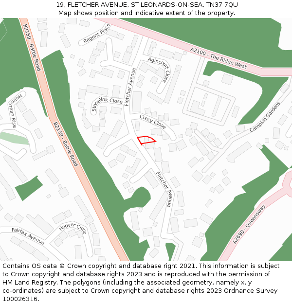 19, FLETCHER AVENUE, ST LEONARDS-ON-SEA, TN37 7QU: Location map and indicative extent of plot