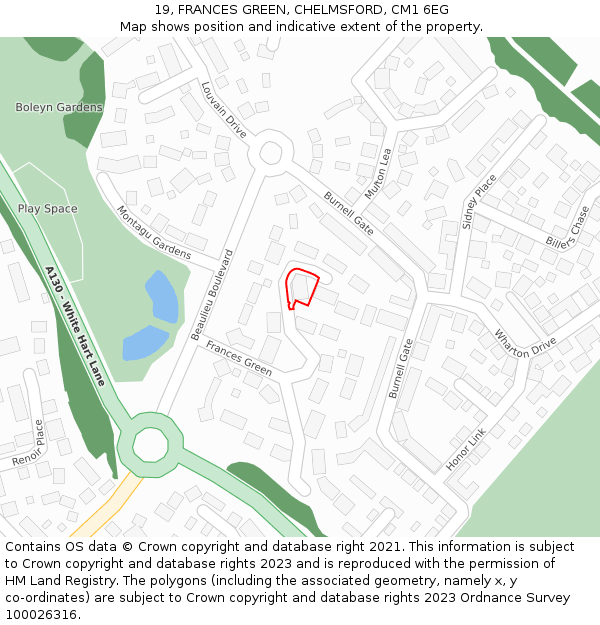 19, FRANCES GREEN, CHELMSFORD, CM1 6EG: Location map and indicative extent of plot