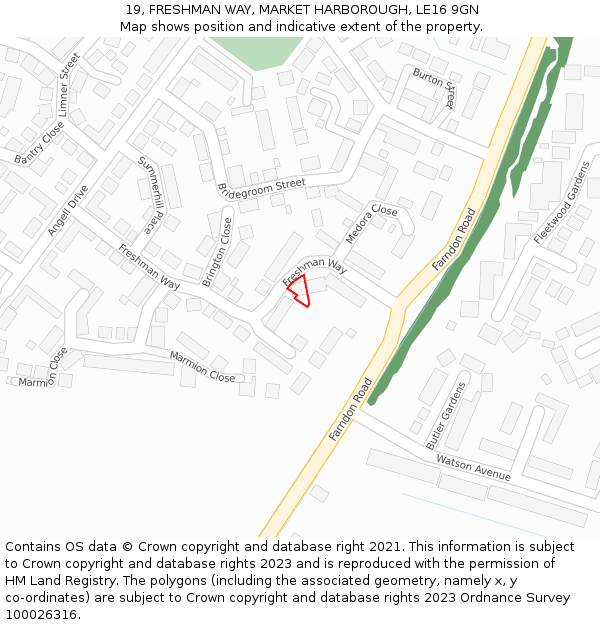 19, FRESHMAN WAY, MARKET HARBOROUGH, LE16 9GN: Location map and indicative extent of plot