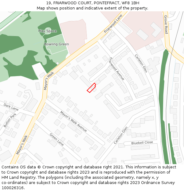 19, FRIARWOOD COURT, PONTEFRACT, WF8 1BH: Location map and indicative extent of plot
