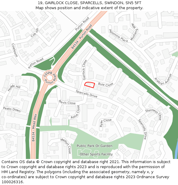19, GAIRLOCK CLOSE, SPARCELLS, SWINDON, SN5 5FT: Location map and indicative extent of plot