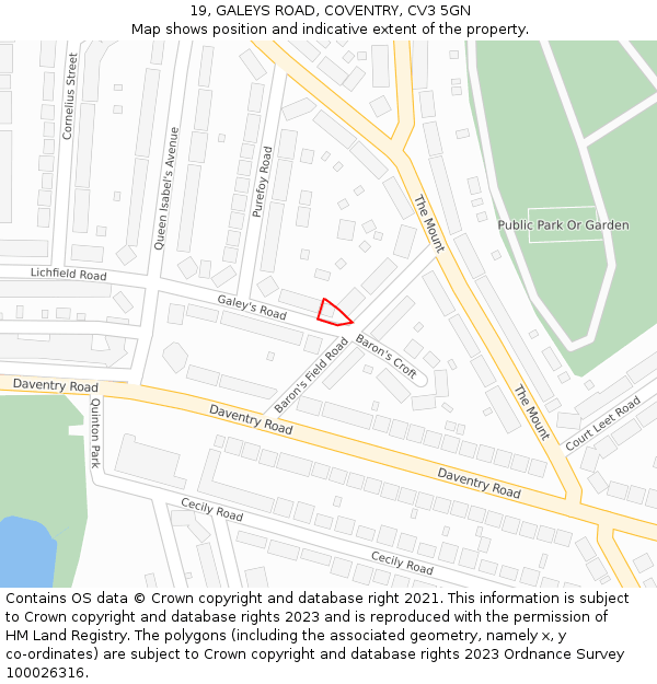 19, GALEYS ROAD, COVENTRY, CV3 5GN: Location map and indicative extent of plot