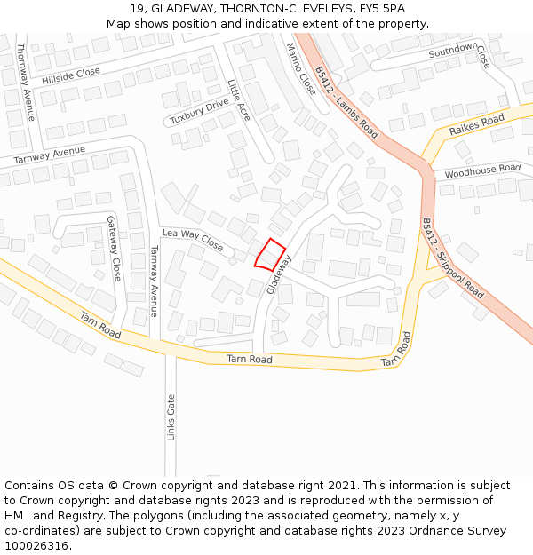 19, GLADEWAY, THORNTON-CLEVELEYS, FY5 5PA: Location map and indicative extent of plot
