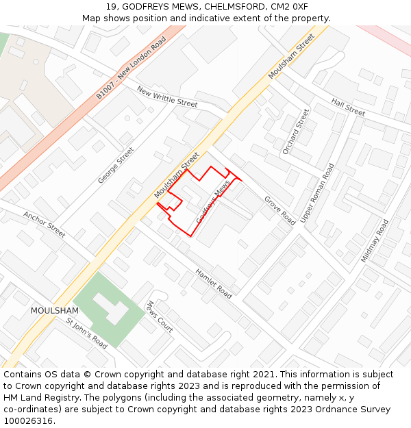 19, GODFREYS MEWS, CHELMSFORD, CM2 0XF: Location map and indicative extent of plot