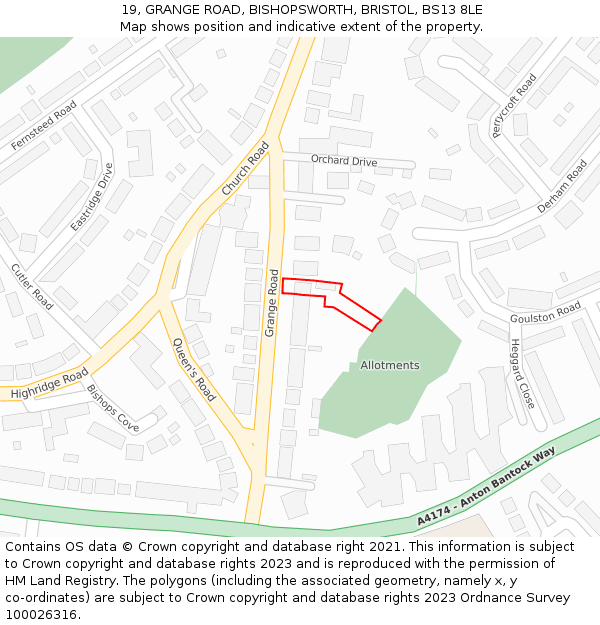19, GRANGE ROAD, BISHOPSWORTH, BRISTOL, BS13 8LE: Location map and indicative extent of plot