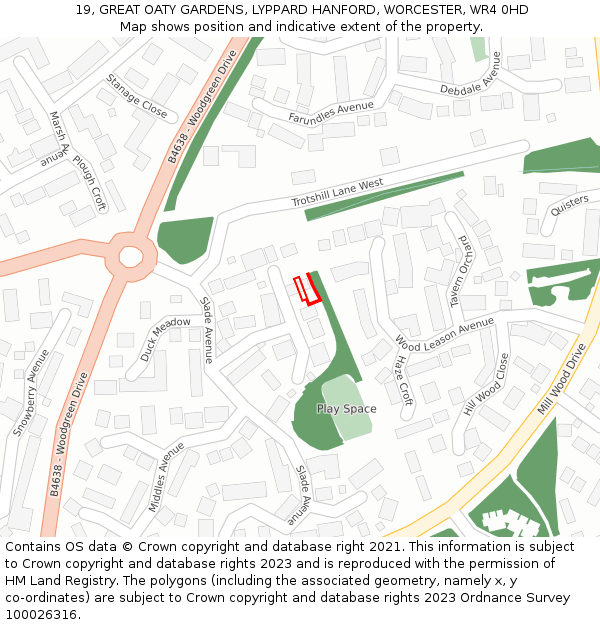 19, GREAT OATY GARDENS, LYPPARD HANFORD, WORCESTER, WR4 0HD: Location map and indicative extent of plot