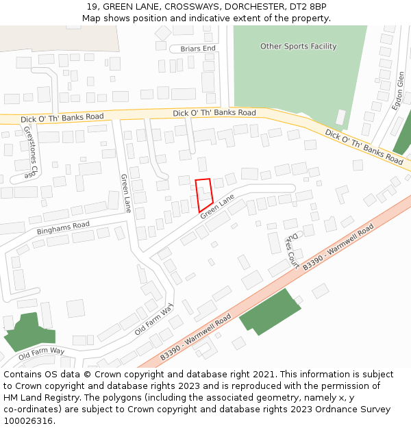 19, GREEN LANE, CROSSWAYS, DORCHESTER, DT2 8BP: Location map and indicative extent of plot