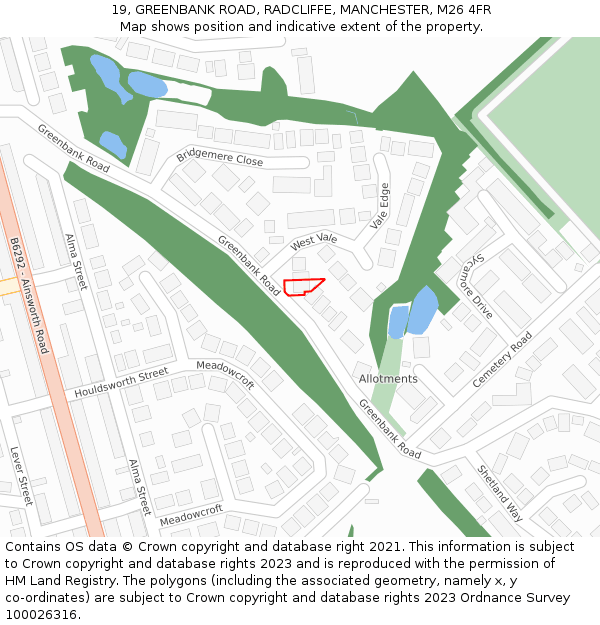 19, GREENBANK ROAD, RADCLIFFE, MANCHESTER, M26 4FR: Location map and indicative extent of plot