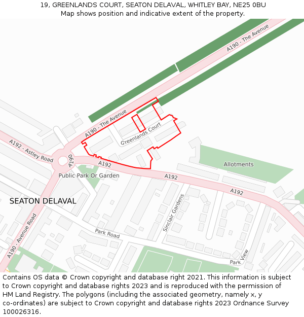 19, GREENLANDS COURT, SEATON DELAVAL, WHITLEY BAY, NE25 0BU: Location map and indicative extent of plot