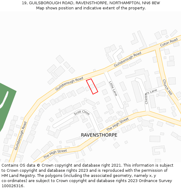 19, GUILSBOROUGH ROAD, RAVENSTHORPE, NORTHAMPTON, NN6 8EW: Location map and indicative extent of plot