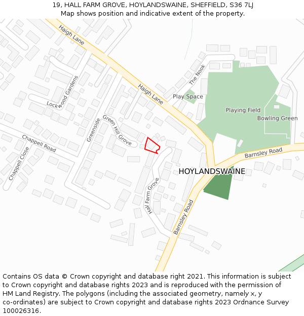 19, HALL FARM GROVE, HOYLANDSWAINE, SHEFFIELD, S36 7LJ: Location map and indicative extent of plot