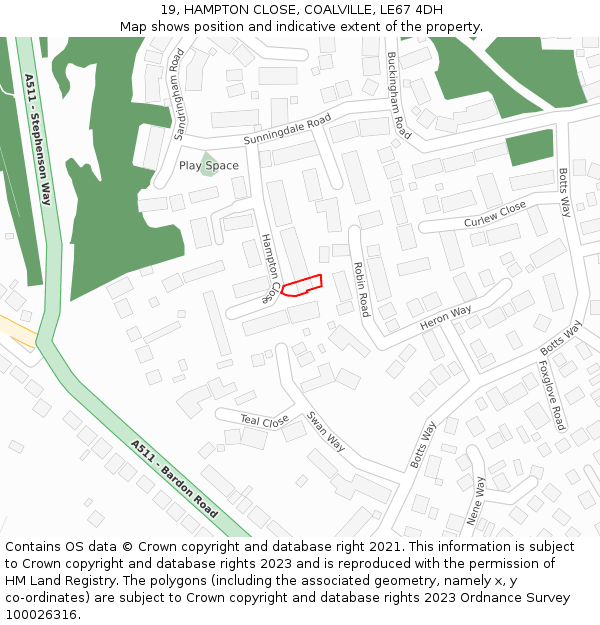 19, HAMPTON CLOSE, COALVILLE, LE67 4DH: Location map and indicative extent of plot