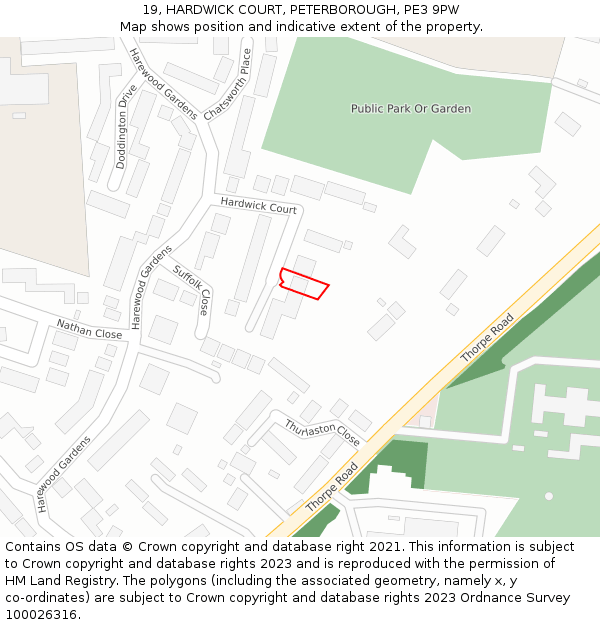 19, HARDWICK COURT, PETERBOROUGH, PE3 9PW: Location map and indicative extent of plot