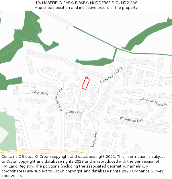 19, HAREFIELD PARK, BIRKBY, HUDDERSFIELD, HD2 2AS: Location map and indicative extent of plot