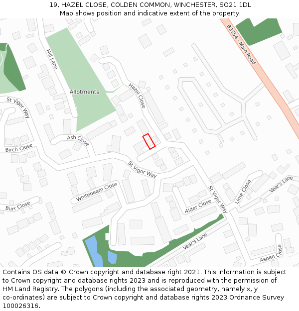 19, HAZEL CLOSE, COLDEN COMMON, WINCHESTER, SO21 1DL: Location map and indicative extent of plot