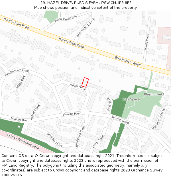 19, HAZEL DRIVE, PURDIS FARM, IPSWICH, IP3 8RF: Location map and indicative extent of plot