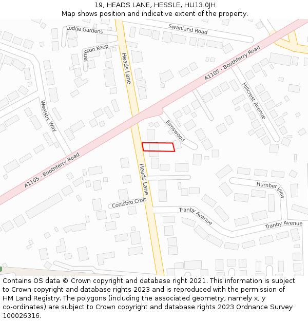 19, HEADS LANE, HESSLE, HU13 0JH: Location map and indicative extent of plot