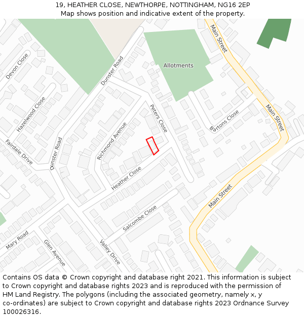 19, HEATHER CLOSE, NEWTHORPE, NOTTINGHAM, NG16 2EP: Location map and indicative extent of plot