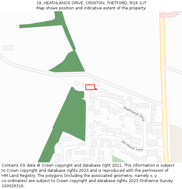 19, HEATHLANDS DRIVE, CROXTON, THETFORD, IP24 1UT: Location map and indicative extent of plot