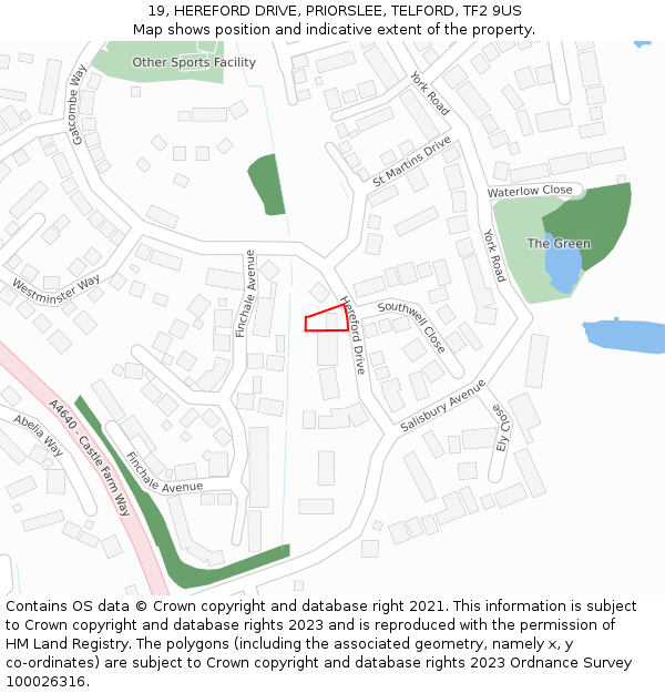 19, HEREFORD DRIVE, PRIORSLEE, TELFORD, TF2 9US: Location map and indicative extent of plot